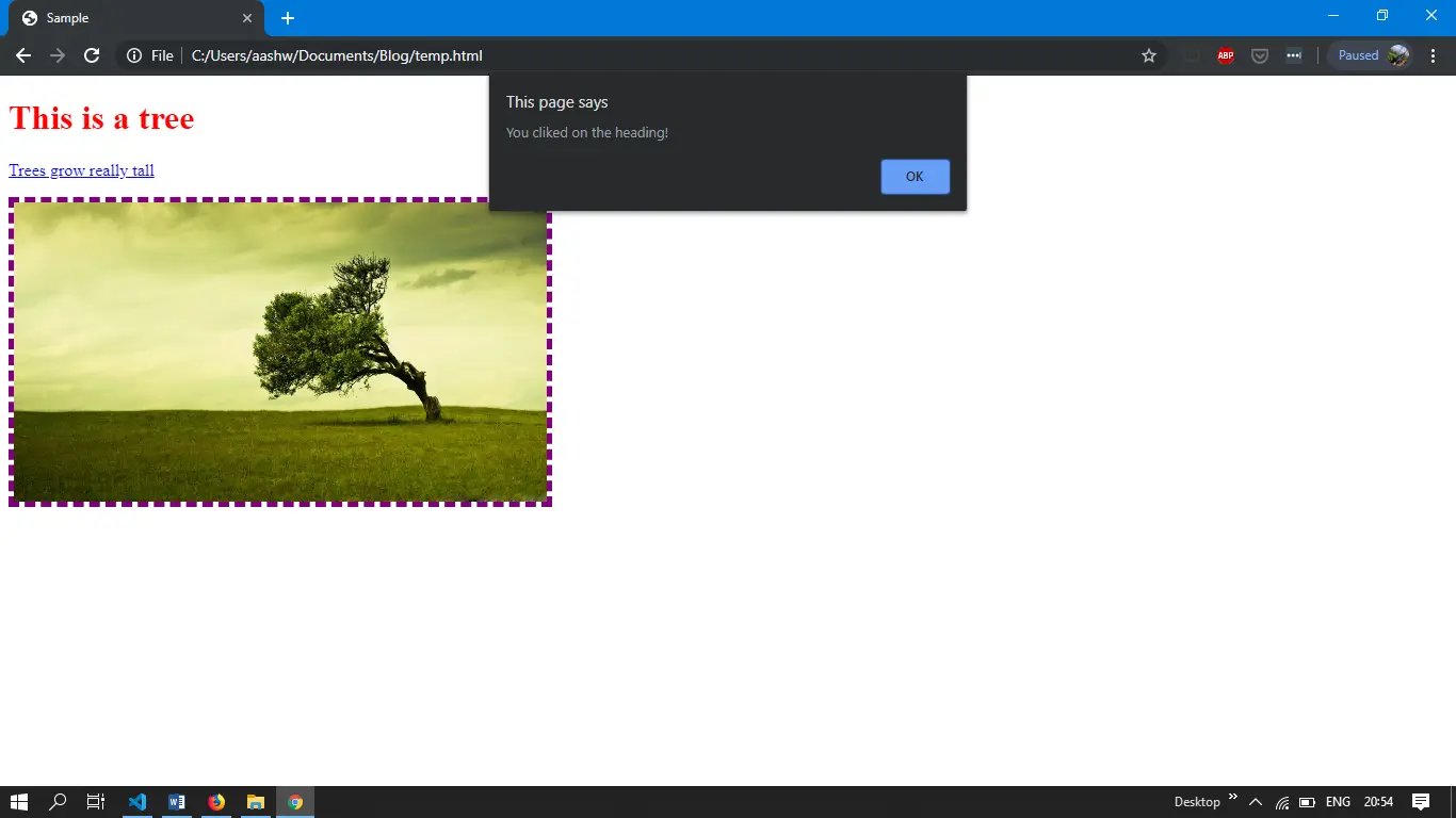 same image of the tree with a border around it and an alert dialog shown